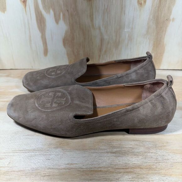 Tory Burch Taupe Suede Loafers with Embroidered Logo Women’s Size 10 - Picture 1 of 8